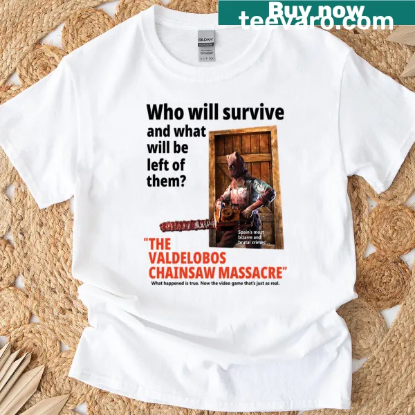 Illustration of a chainsaw with Valdelobos text on a black T-shirt