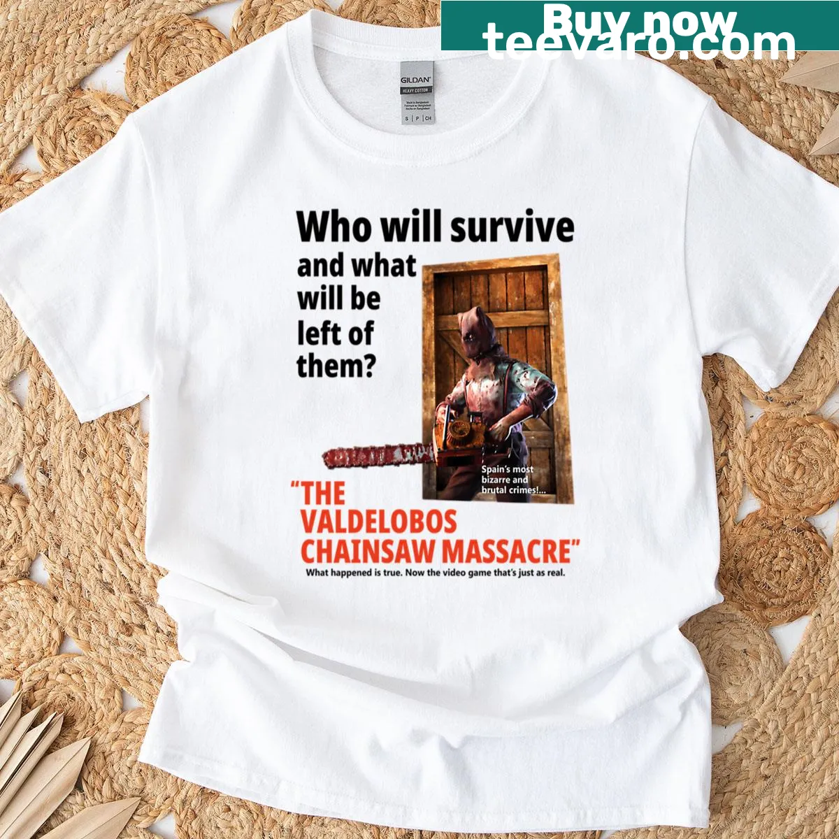 Illustration of a chainsaw with Valdelobos text on a black T-shirt — on a men's t-shirt