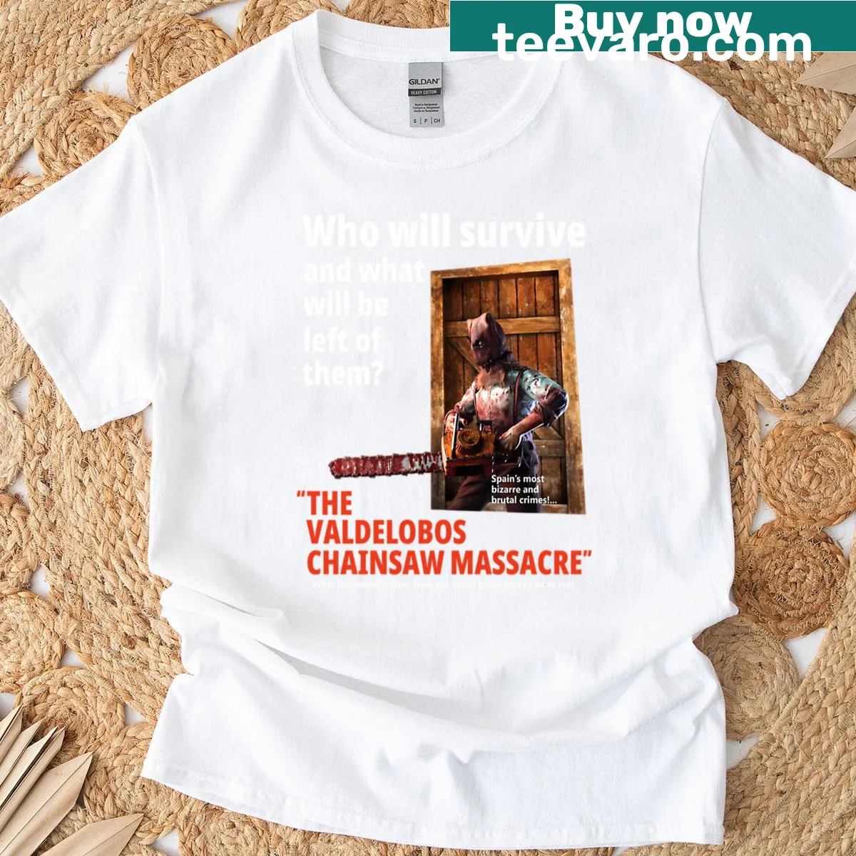 Distressed T-shirt featuring graphic inspired by the Valdelobos Chainsaw Massacre — on a men's t-shirt