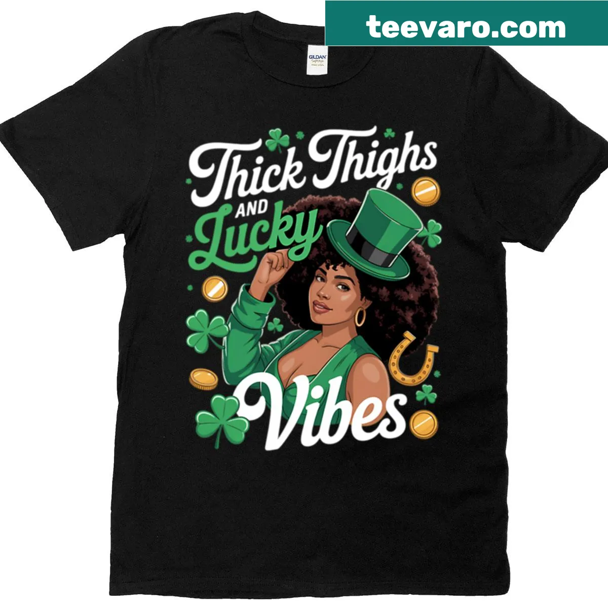 Black T-shirt with text reading 'Thick Thighs Lucky Vibes' — on a men's t-shirt