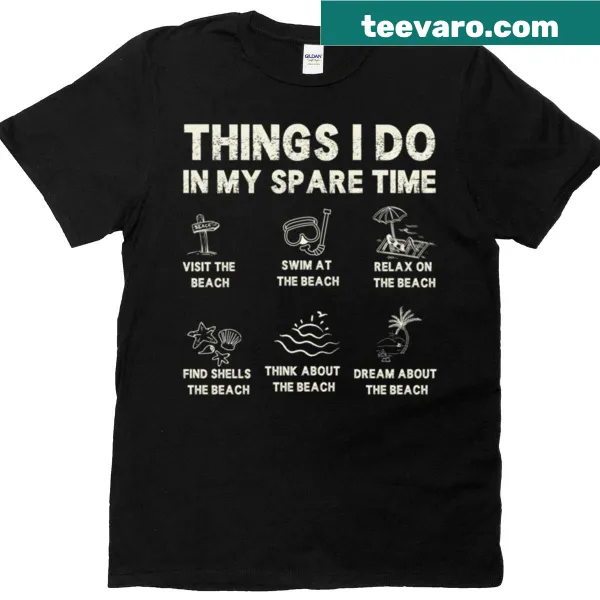 Beach-themed T-shirt illustrating surf-related activities for beach lovers