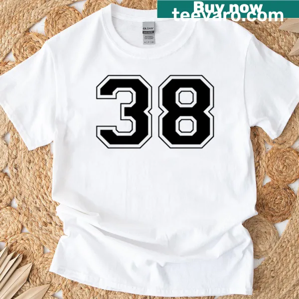 Minimalist t-shirt featuring bold typography of the number 38