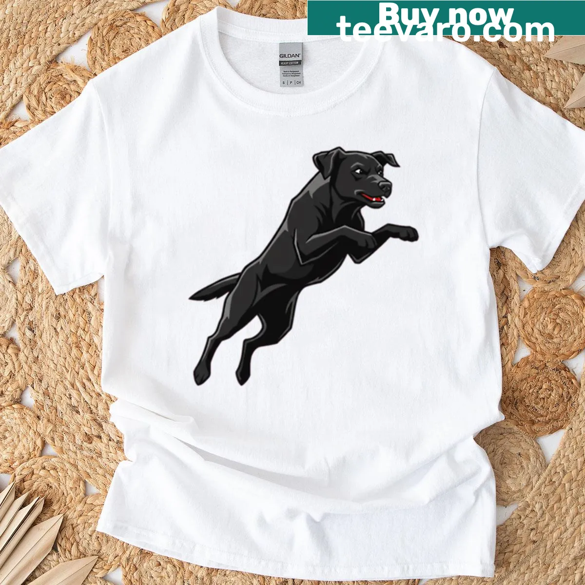 Playful graphic of Tink the black lab in video game art. — on a men's t-shirt