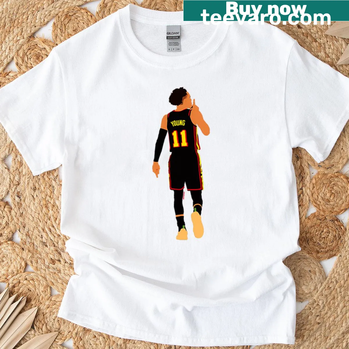 T-shirt featuring Trae Young's game-winning shot illustration — on a men's t-shirt