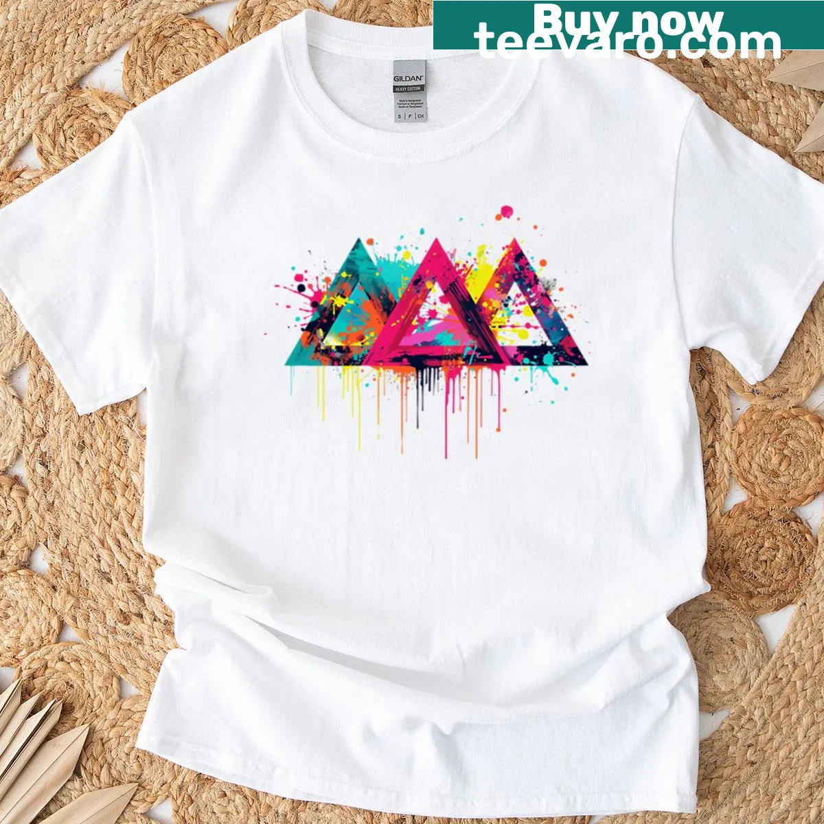 T-shirt featuring a bold abstract triangle cluster design. — on a men's t-shirt