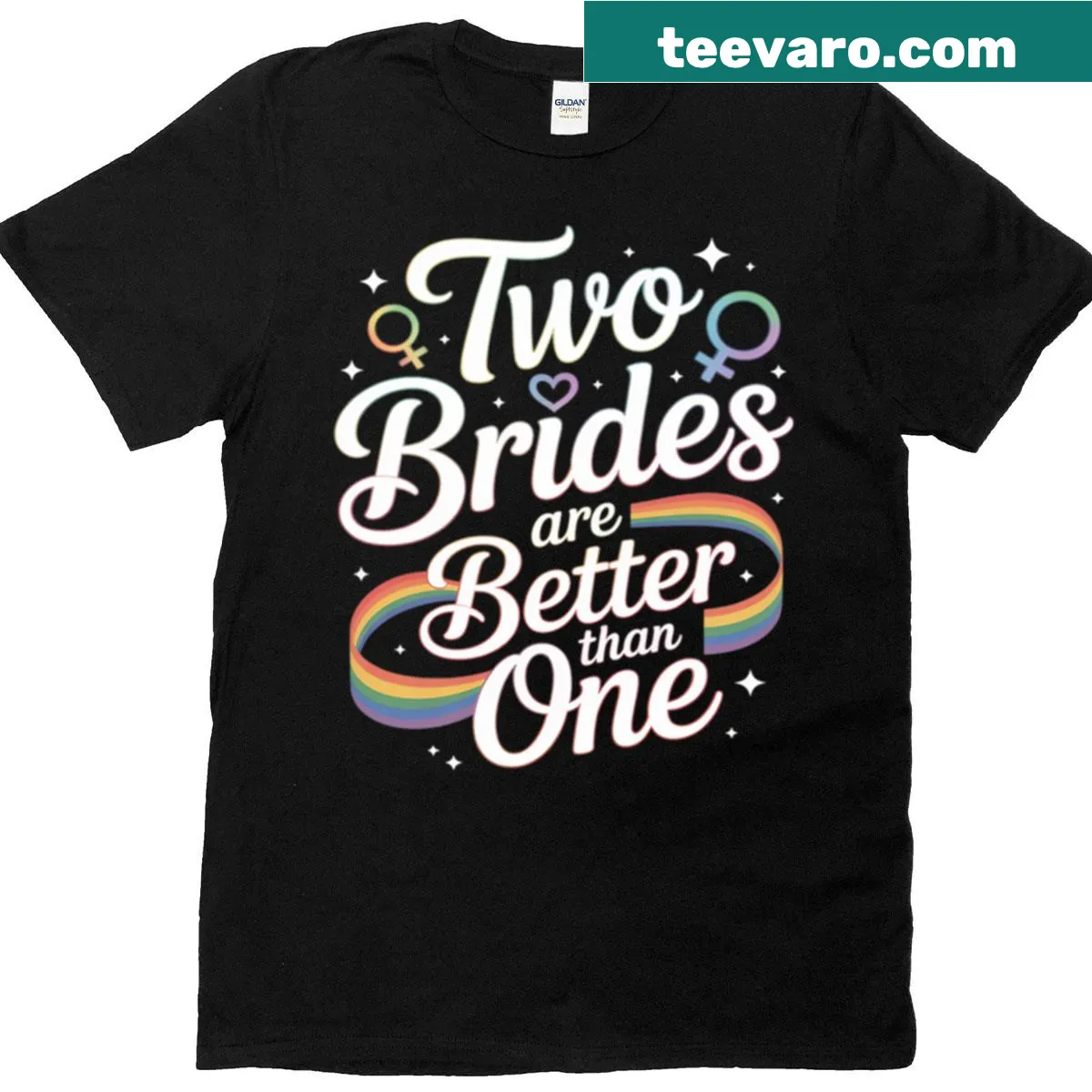 Lesbian wedding t-shirt celebrating two brides — on a men's t-shirt