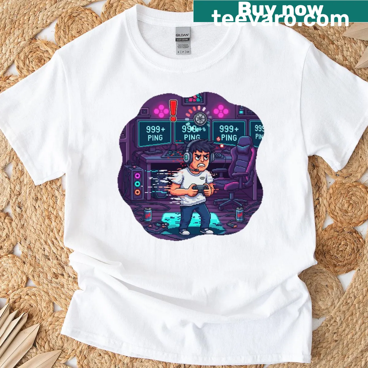 Retro pixel art T-shirt depicting gamer rage with 999 ping — on a men's t-shirt