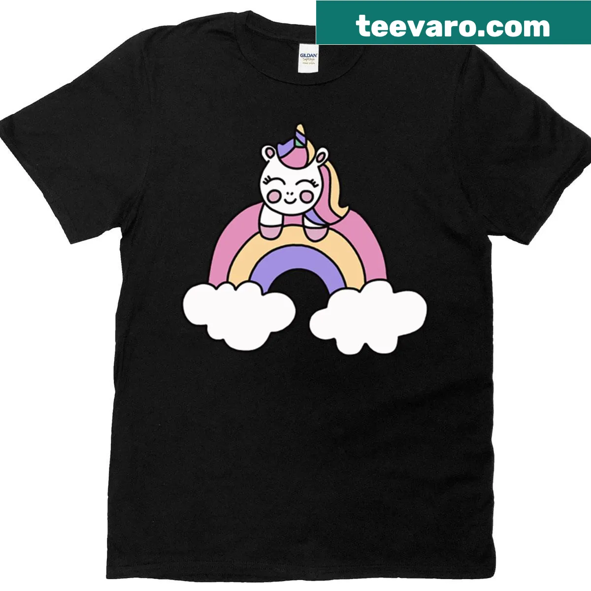 Playful unicorn and rainbow graphic t-shirt — on a men's t-shirt