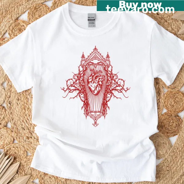 Red T-shirt with bold illustration of a vampire heart.