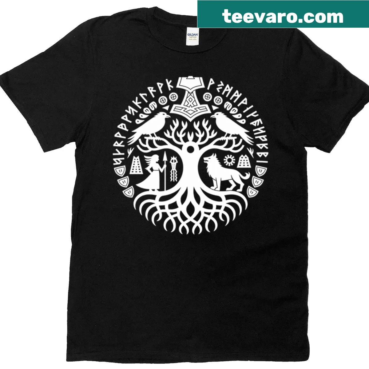 Illustrated Norse gods and Viking symbols graphic t-shirt — on a men's t-shirt