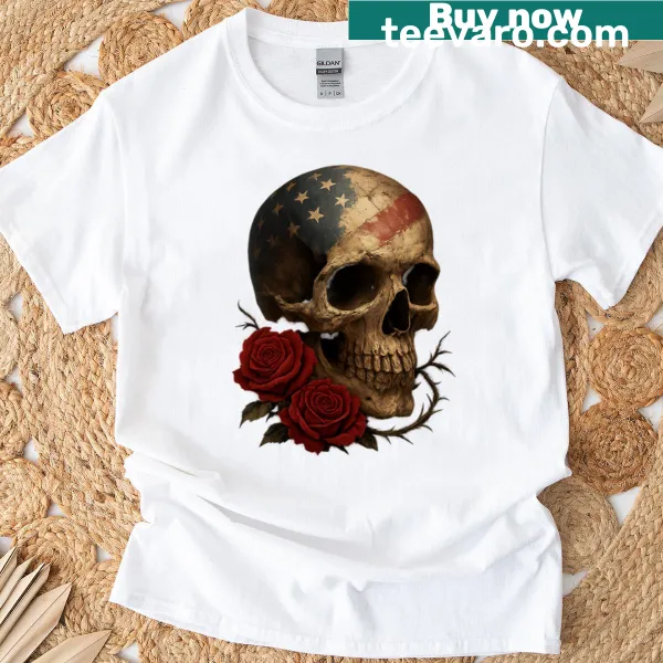 Vintage skull with roses graphic on a t-shirt