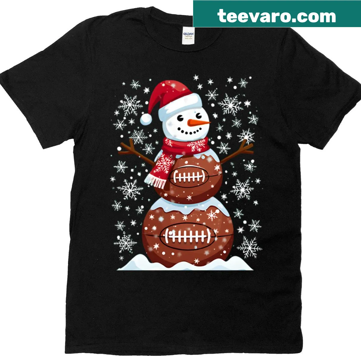 Christmas T-shirt featuring a football snowman illustration — on a men's t-shirt