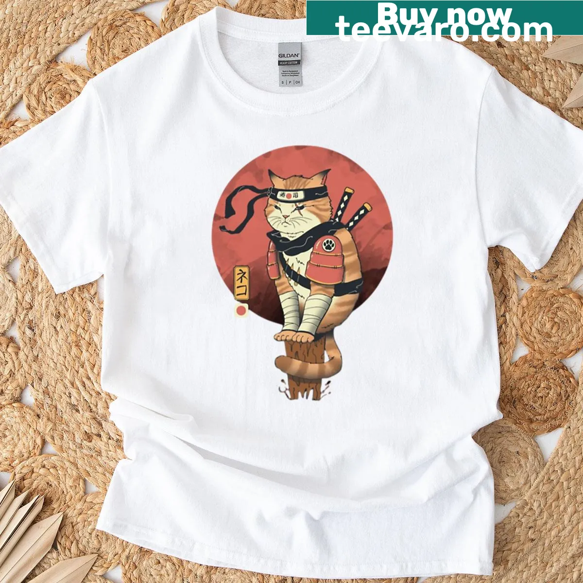 Vintage-style T-shirt with a cat holding katana swords — on a men's t-shirt