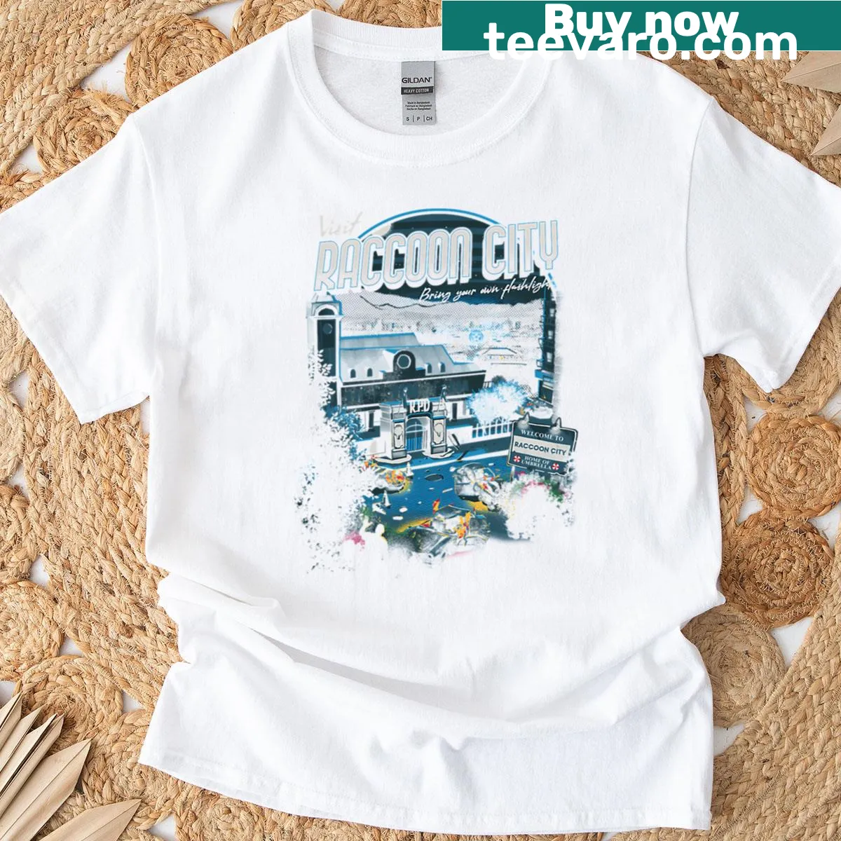 Illustrated T-shirt featuring a design inspired by Raccoon City — on a men's t-shirt