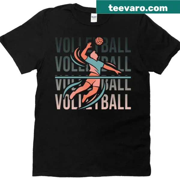 T-shirt depicting a volleyball player jumping in cartoon style