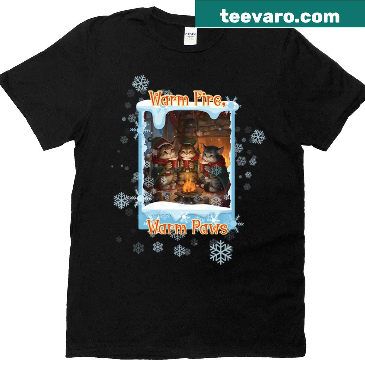 Cozy graphic of warm paws by a fire T-shirt — on a men's t-shirt