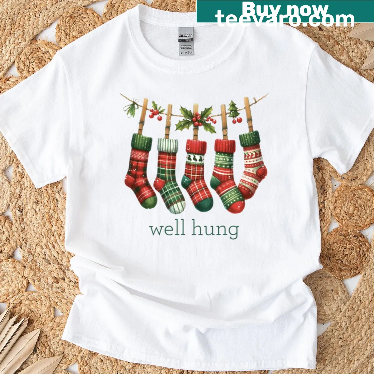 Illustrated T-shirt featuring Christmas stockings design — on a men's t-shirt