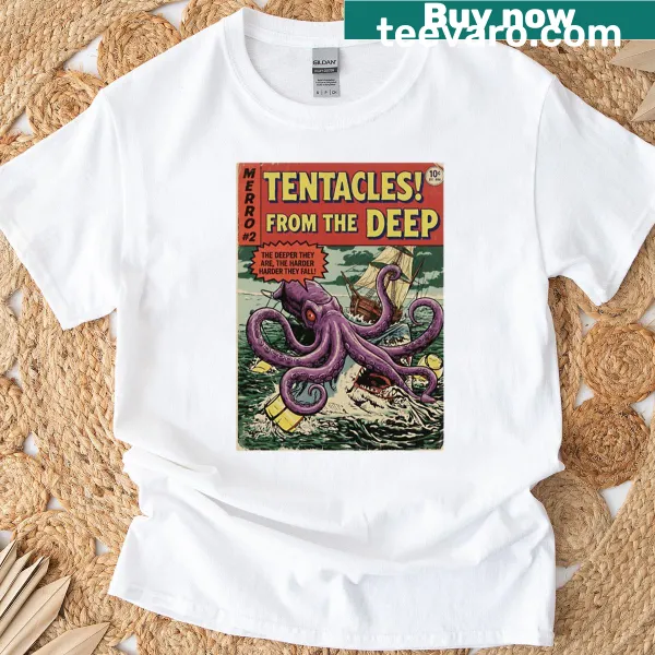 Retro T-shirt featuring a space kraken and rocket patch design