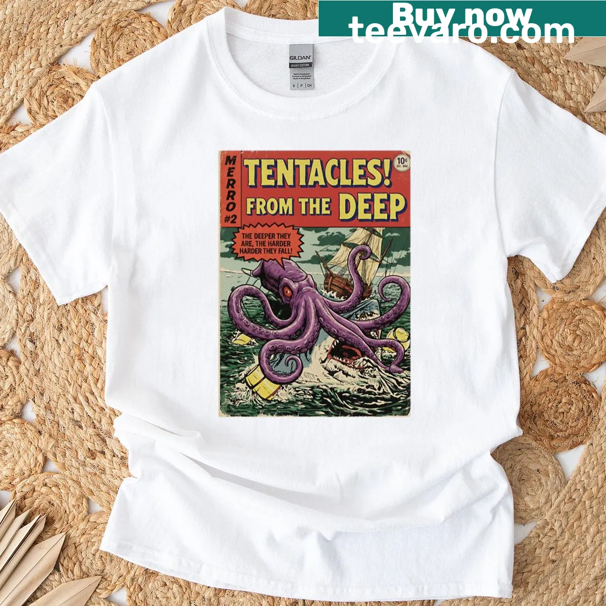 Retro T-shirt featuring a space kraken and rocket patch design — on a men's t-shirt