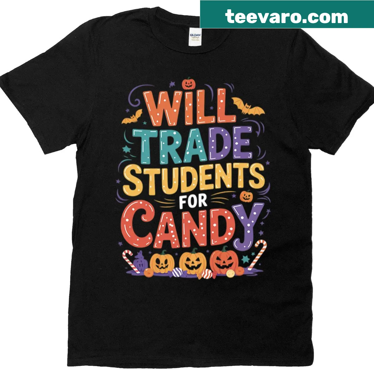 Funny Halloween t-shirt for teachers with 'Will Trade Students For Candy' text — on a men's t-shirt