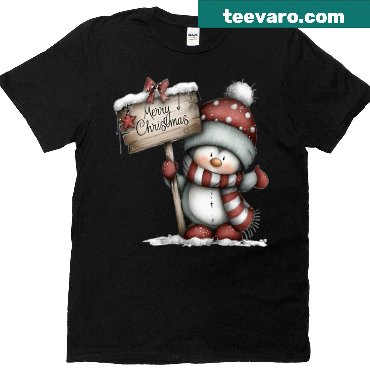 Cute winter holiday t-shirt featuring a cheerful penguin illustration — on a men's t-shirt