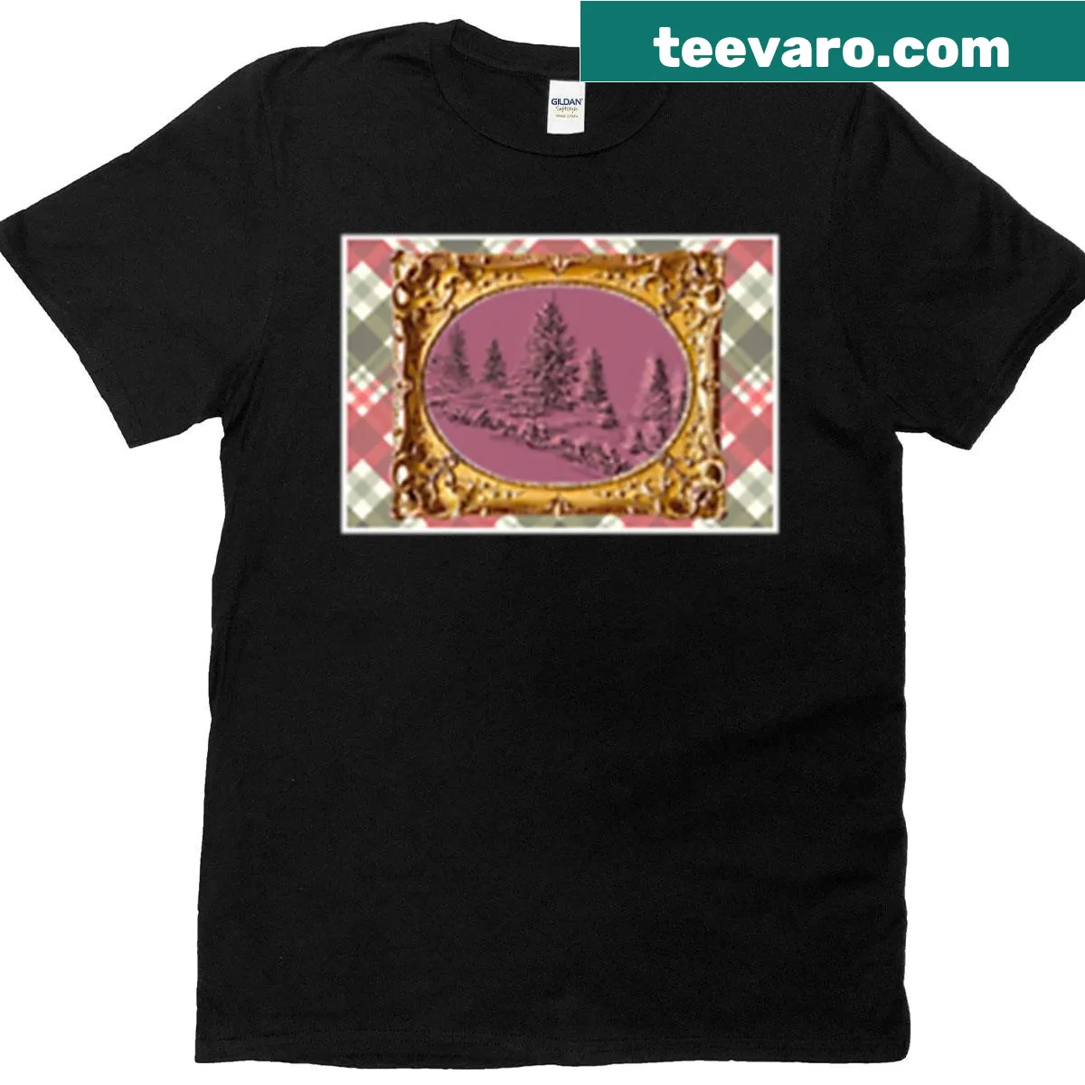Illustration of winter pines in a rose plaid frame on a T-shirt — on a men's t-shirt