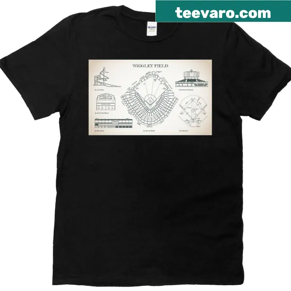 Blueprint-style graphic of Wrigley Field on a T-shirt