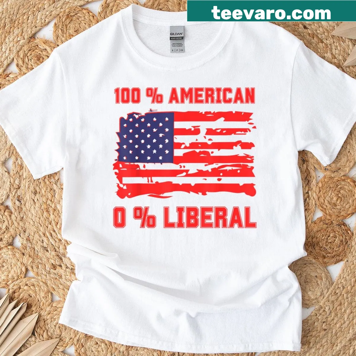 Funny political T-shirt with 100 American 0 Zero Percent Liberal text — on a men's t-shirt
