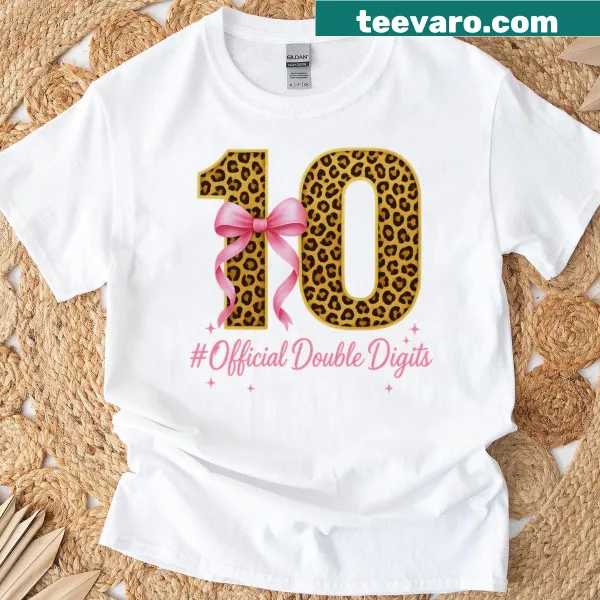 Cute 10th birthday girl t-shirt with pink coquette bow and leopard print