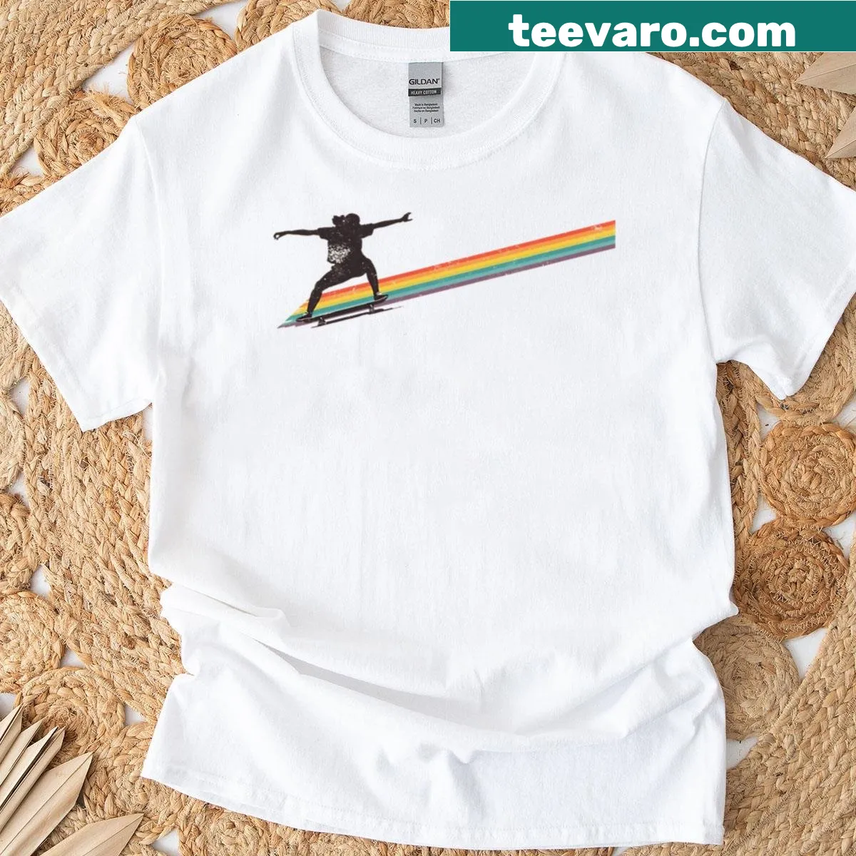 Retro skateboarder silhouette on t-shirt, capturing 1970s skate culture — on a men's t-shirt