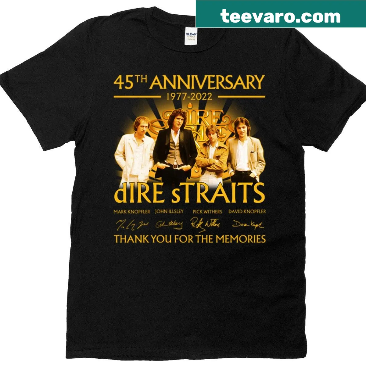 Vintage-style Dire Straits tribute t-shirt with guitar graphic — on a men's t-shirt