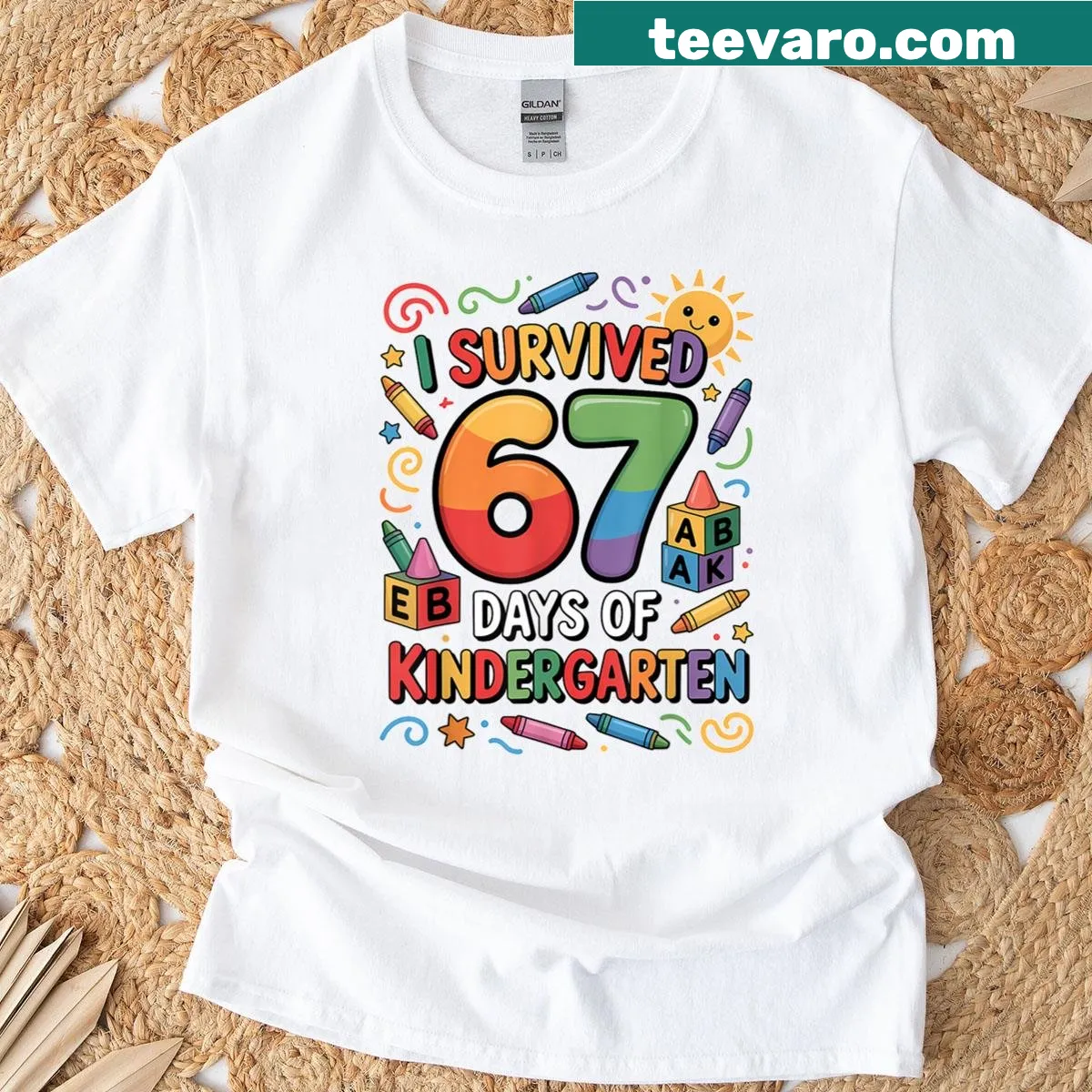 Funny T-shirt saying 'I Survived 67 Days Of Kindergarten'. — on a men's t-shirt