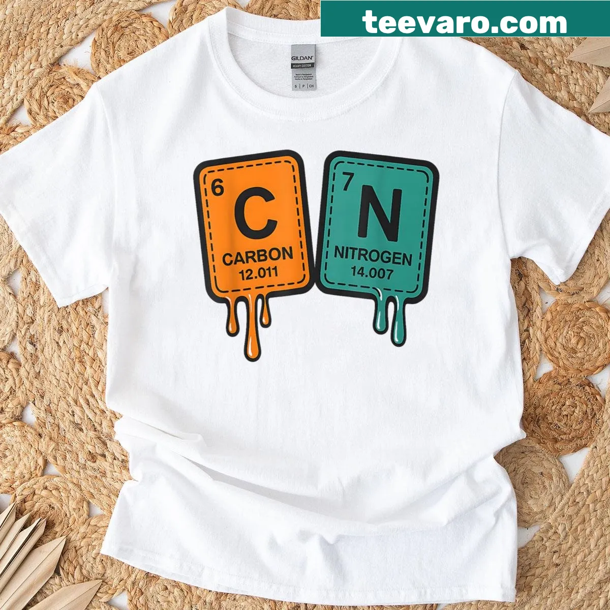 Humorous T-shirt for chemistry teachers with periodic table numbers 6 and 7. — on a men's t-shirt