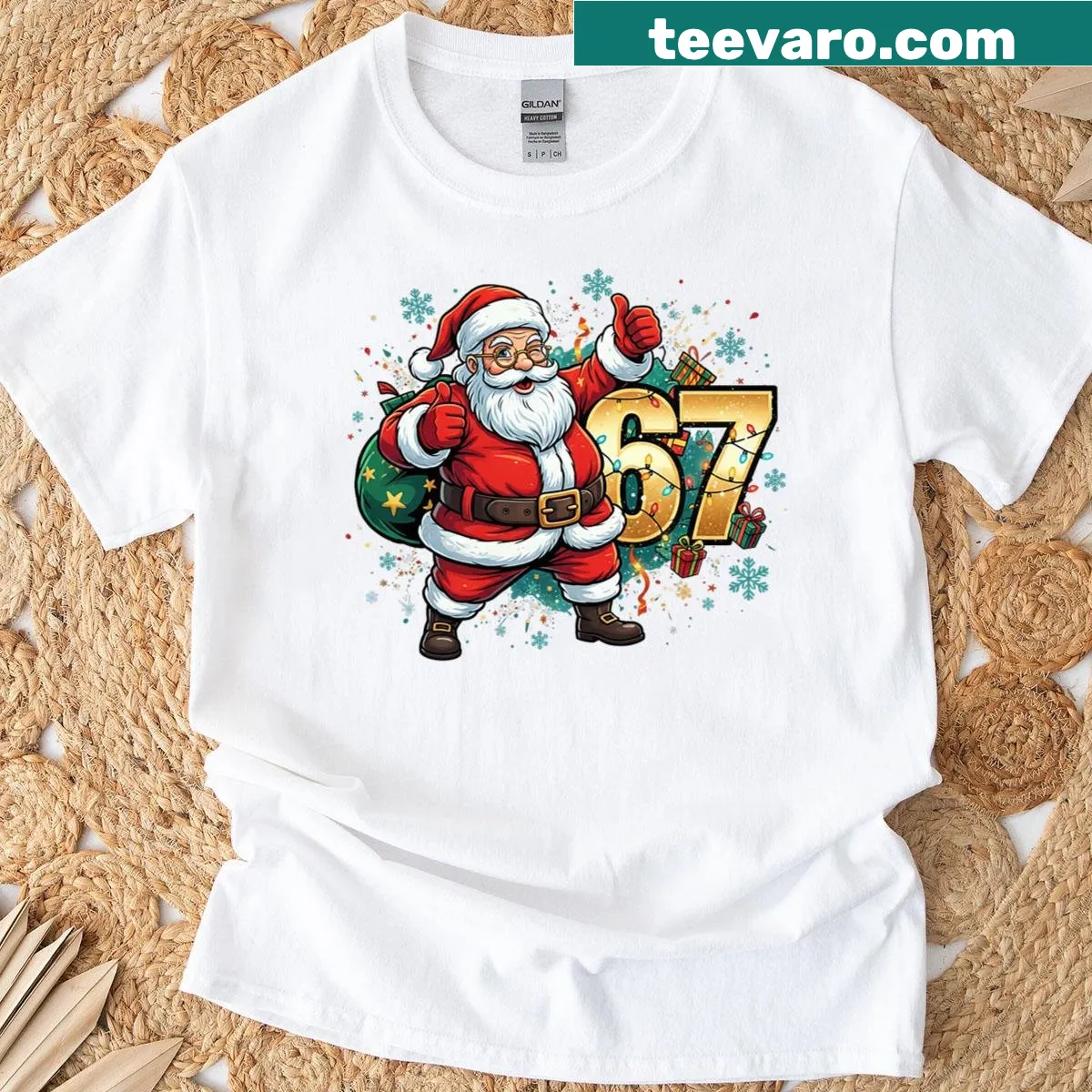 Funny Christmas T-shirt featuring meme-inspired numbers and Santa graphic. — on a men's t-shirt
