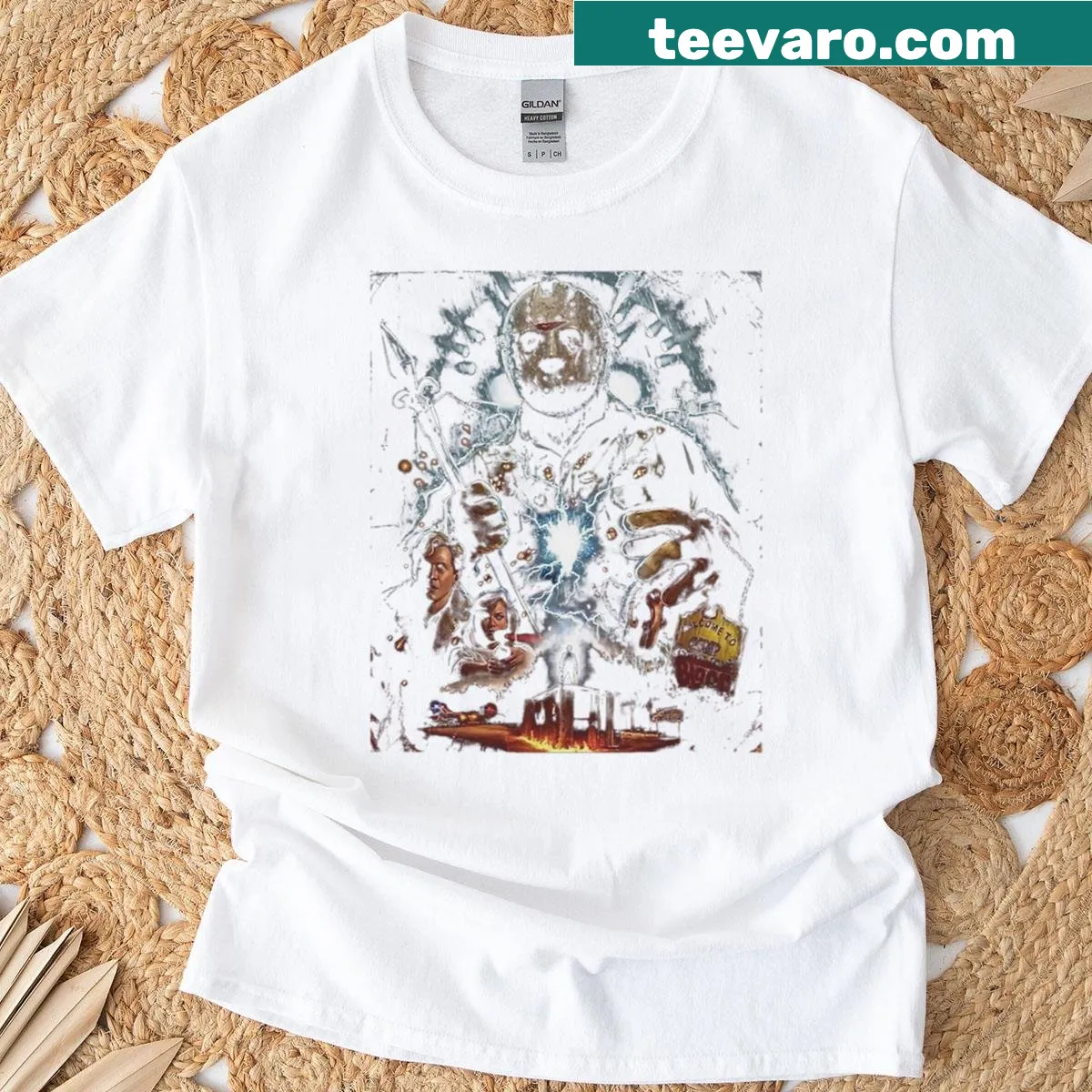 Vintage horror-themed T-shirt featuring iconic 90s horror imagery — on a men's t-shirt