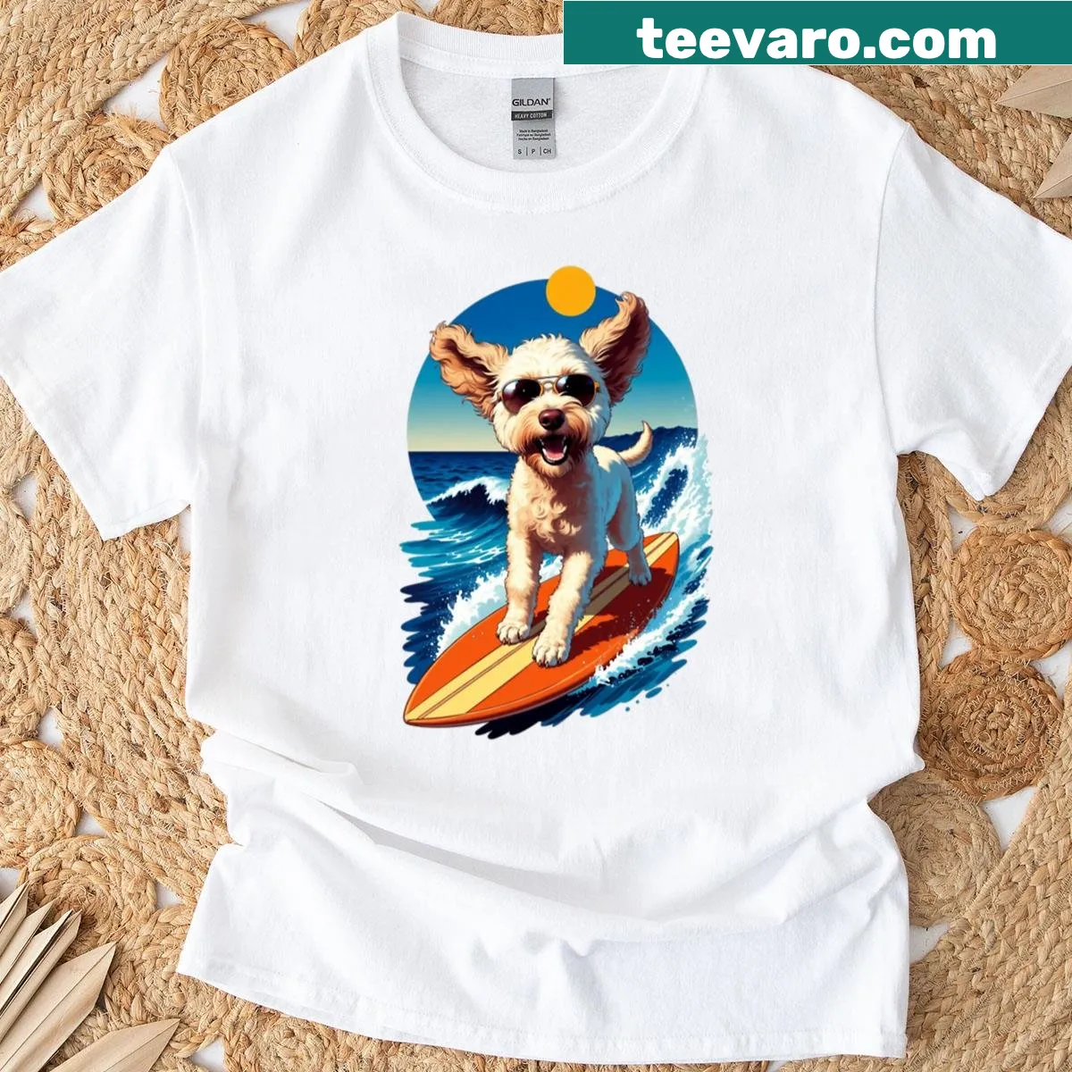 Cartoon design of a poodle surfing on a beach — on a men's t-shirt