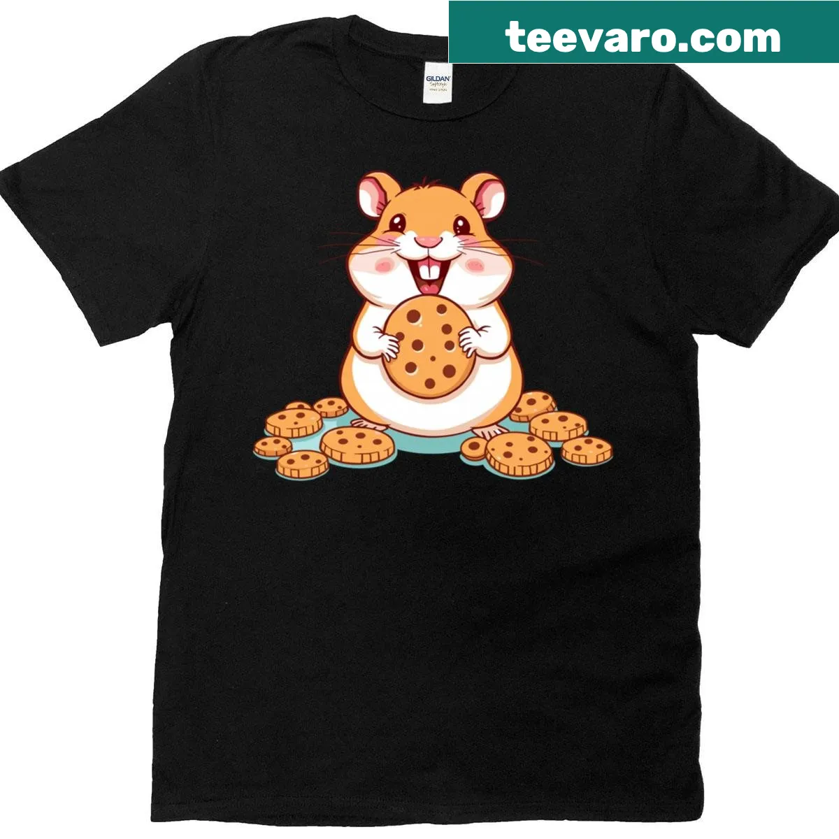 Cute t-shirt featuring a hamster and cookies illustration — on a men's t-shirt