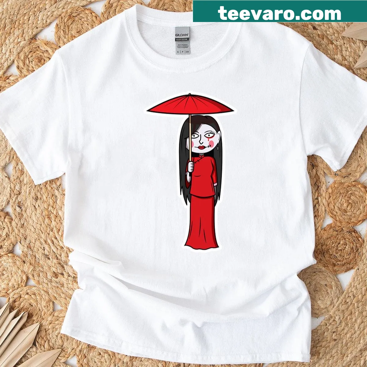 Illustration of a female ghost in red with an umbrella on a T-shirt. — on a men's t-shirt