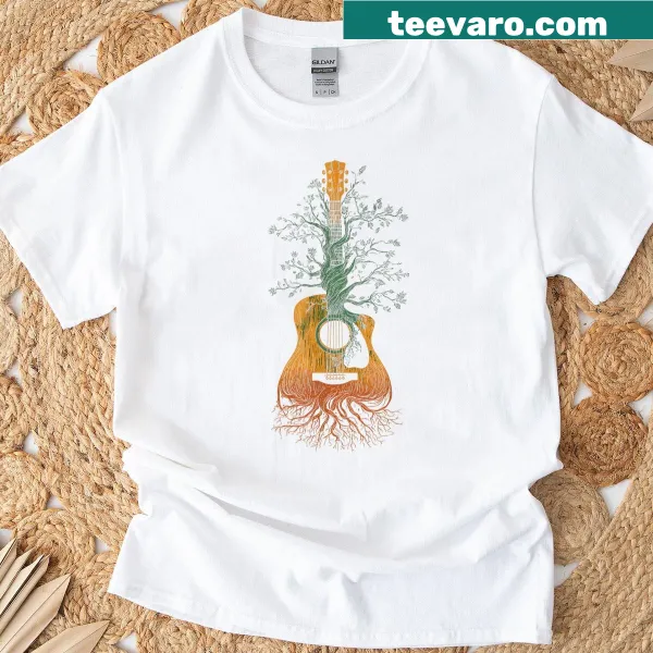 Graphic T-shirt featuring an acoustic guitar intertwined with a tree
