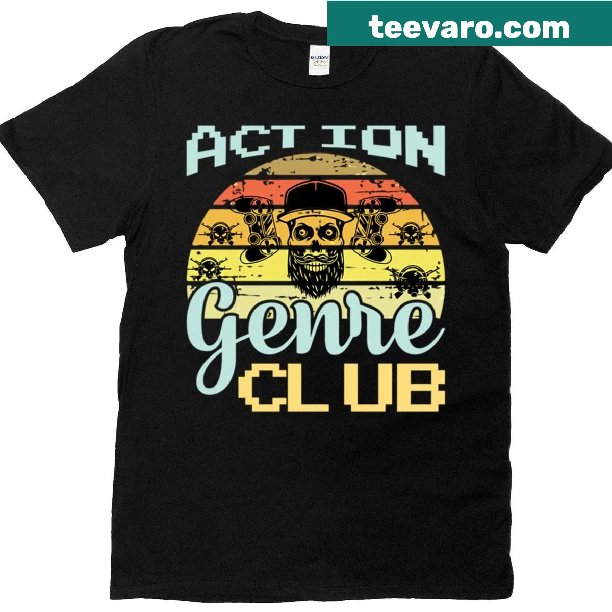 Retro skull gaming t-shirt featuring action genre design — on a men's t-shirt