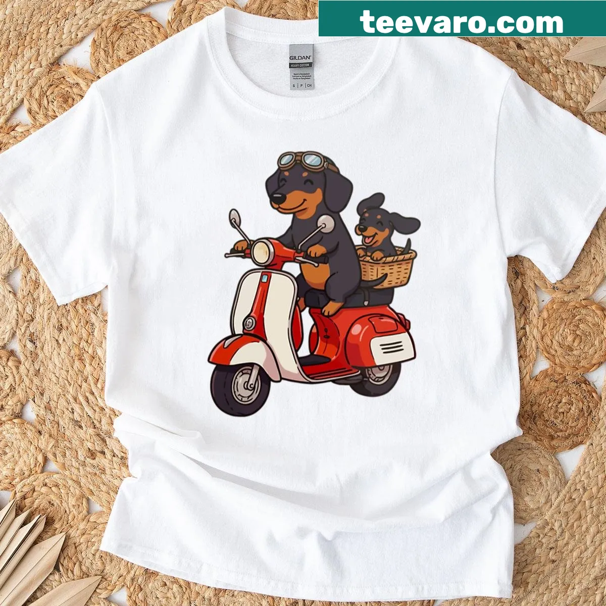 Cute dachshund t-shirt featuring puppies on a retro red scooter — on a men's t-shirt