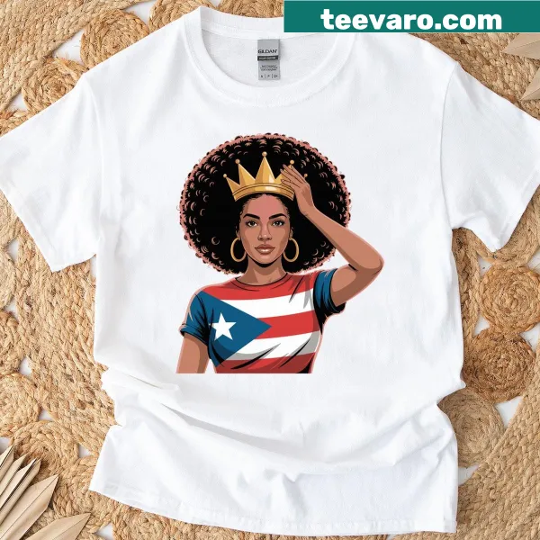 T-shirt featuring an illustration of an Afro Boricua queen with a crown and Puerto Rican flag