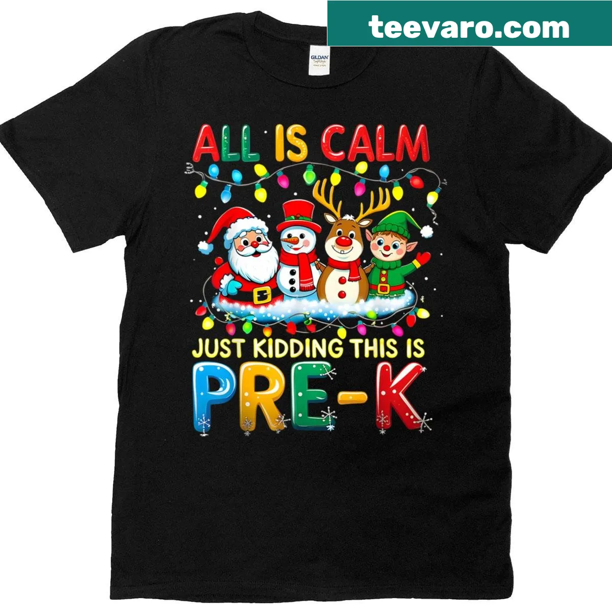 Funny teacher Christmas t-shirt with humorous text about pre-k chaos — on a men's t-shirt