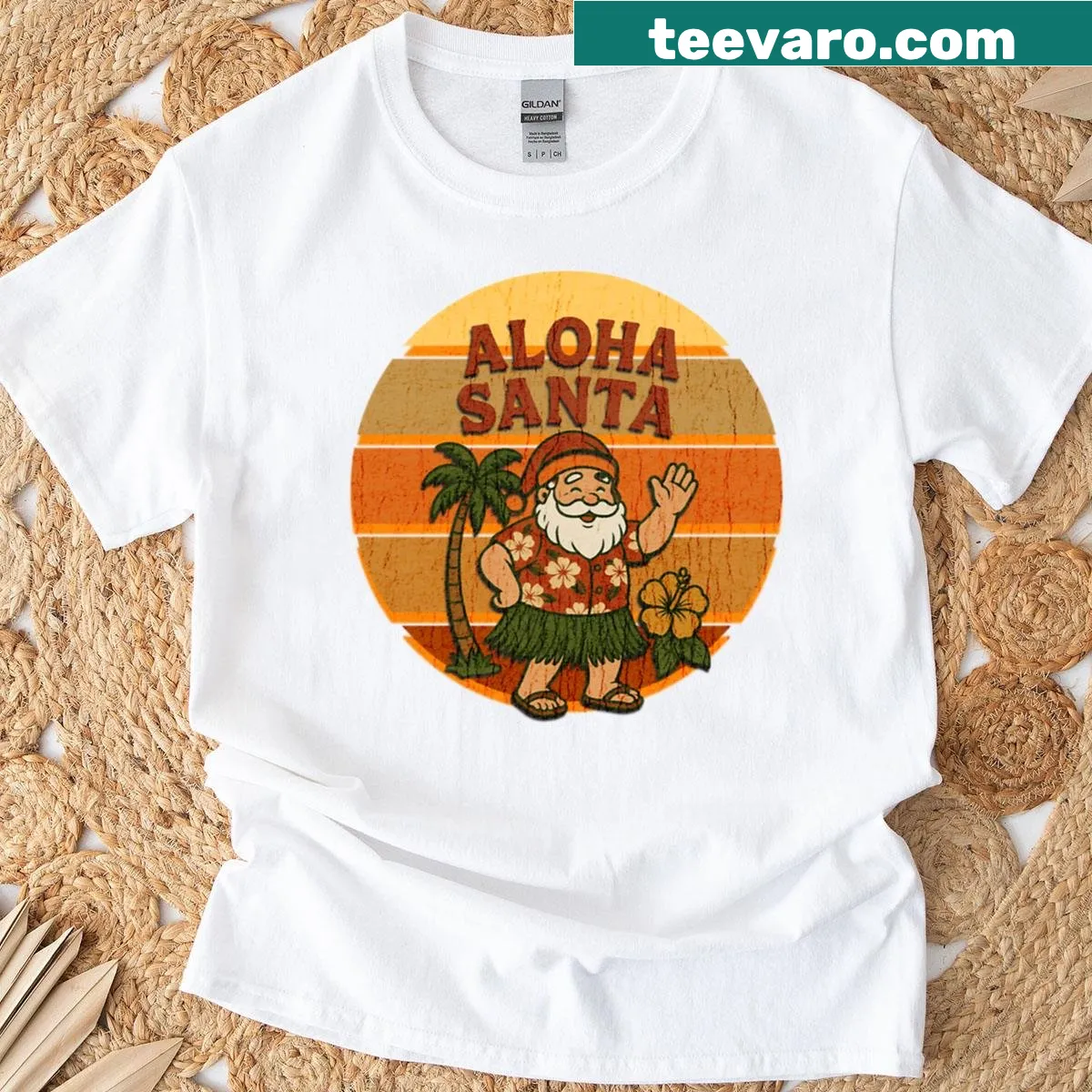 T-shirt with whimsical Santa in Hawaiian shirt design — on a men's t-shirt