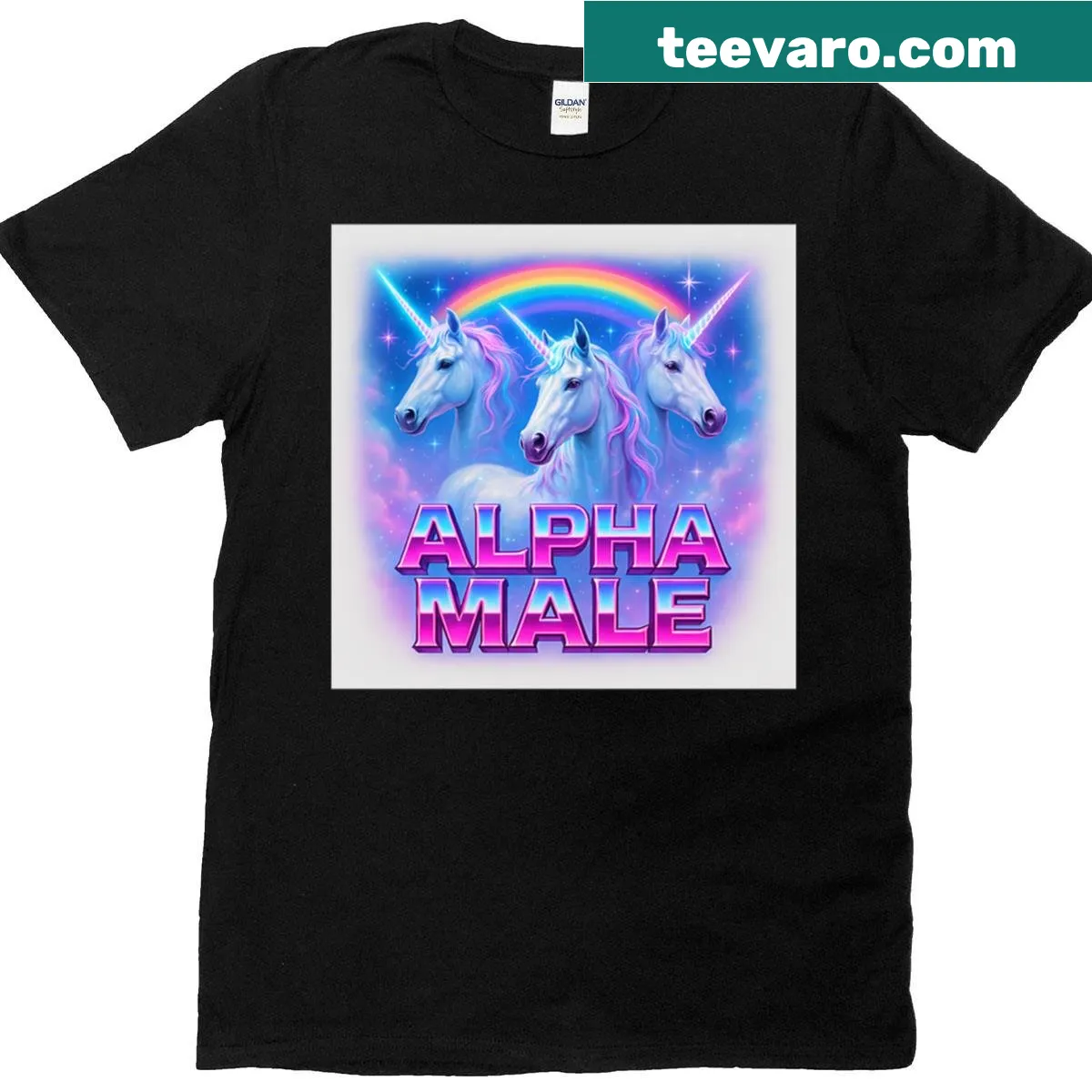 Vintage 90s t-shirt with ironic Alpha Male Unicorn graphic — on a men's t-shirt