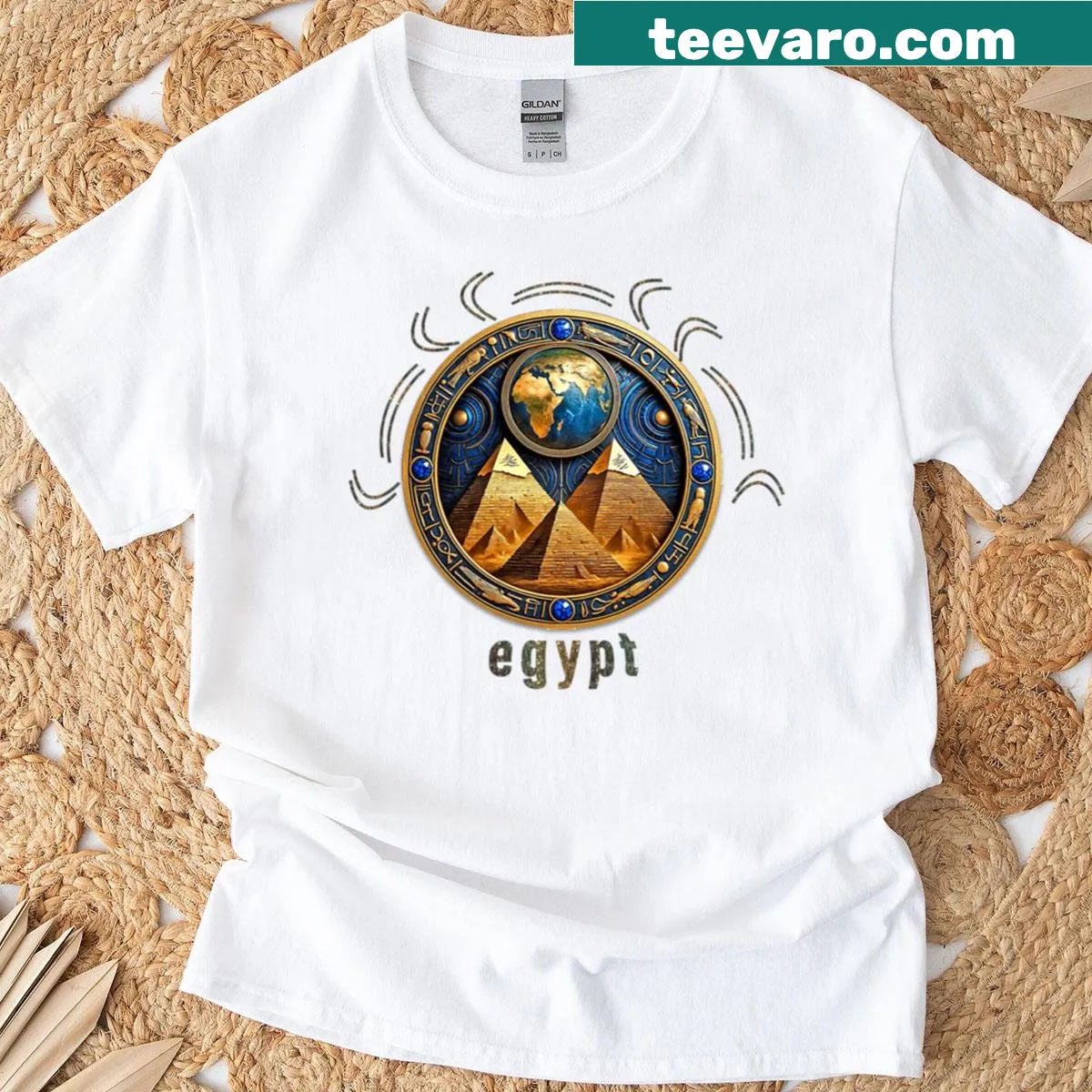 Vintage-style t-shirt with an emblem of Egyptian pyramids and symbols — on a men's t-shirt