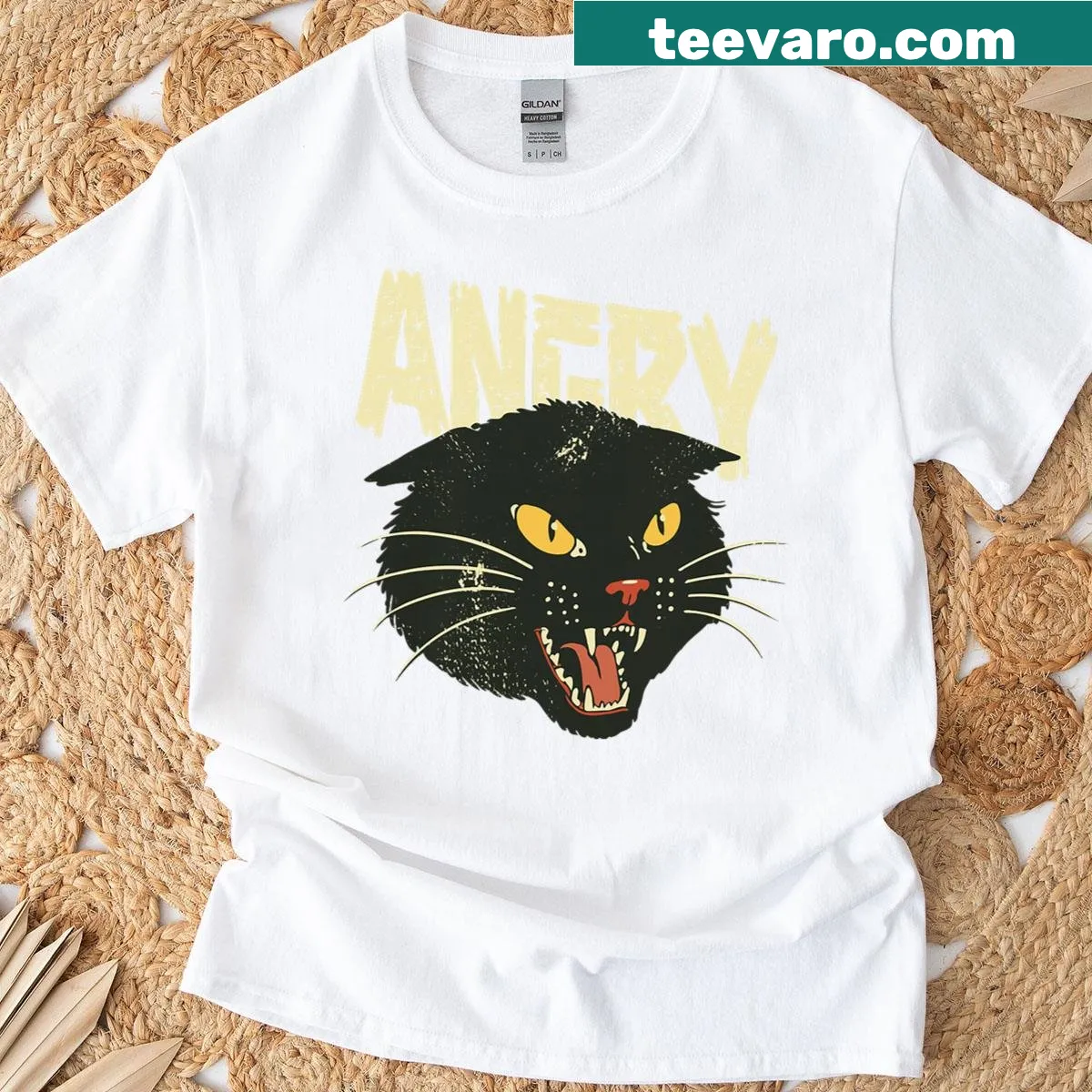 T-shirt featuring an illustration of an angry cat and kitten — on a men's t-shirt