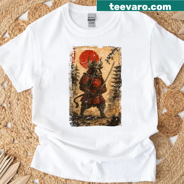 Anime-inspired T-shirt featuring a cow in traditional Japanese warrior attire.