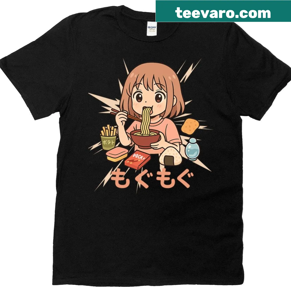 Anime-inspired T-shirt celebrating mukbang culture — on a men's t-shirt