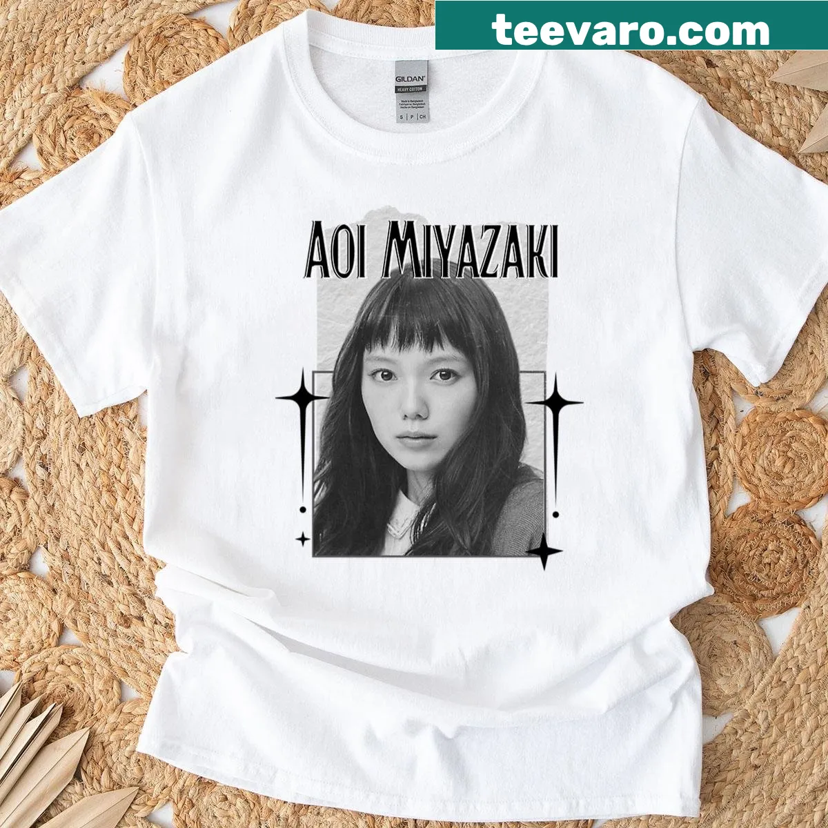 Y2K vintage collage design T-shirt featuring Japanese actress Aoi Miyazaki. — on a men's t-shirt